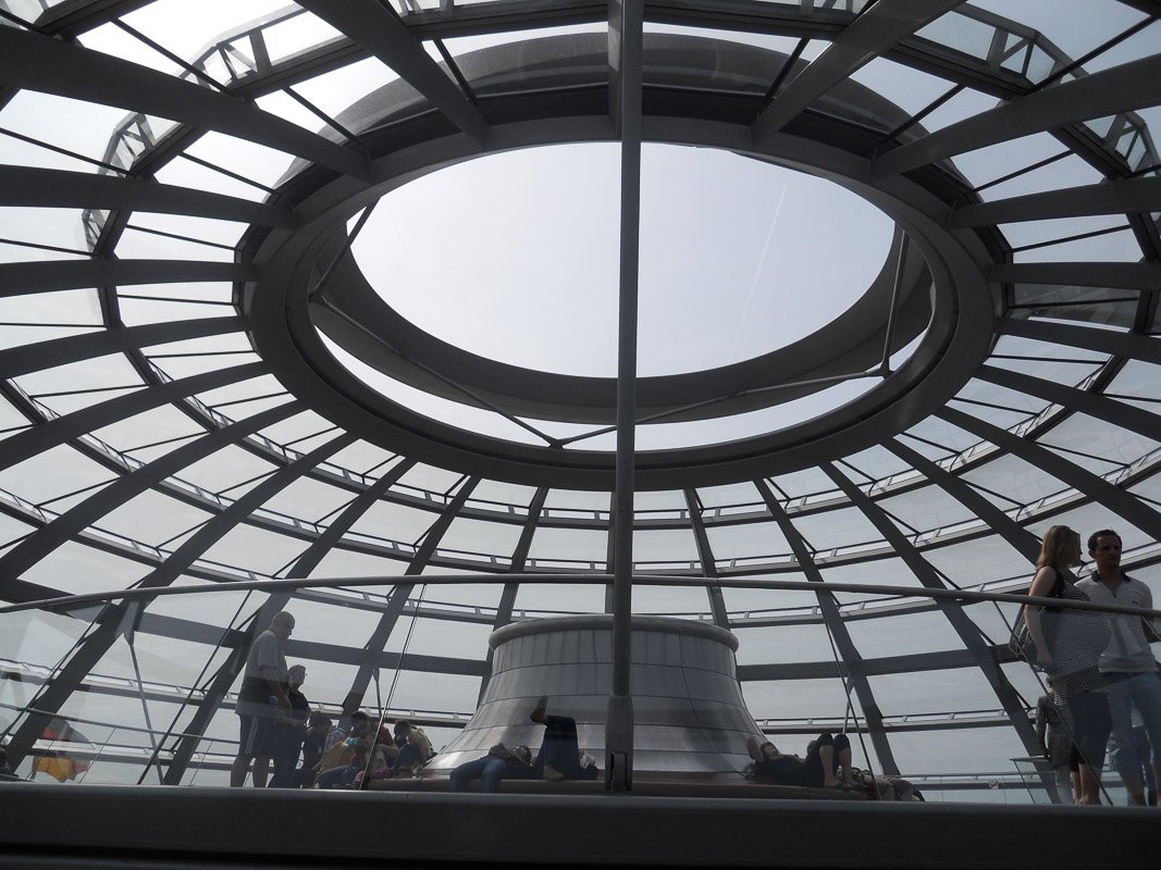 Europe H_6 Interior of the Reichstag glass dome in Berlin, visitors on spiral walkway, open oculus above