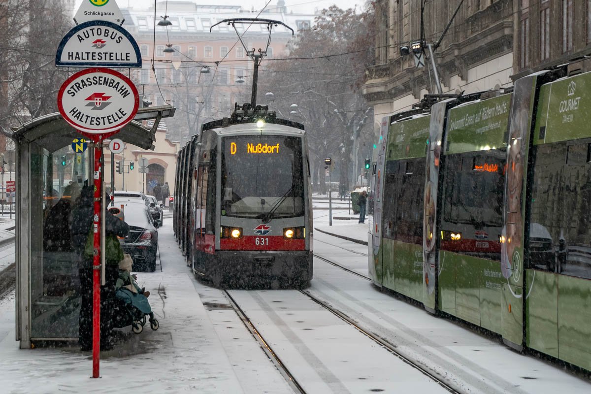 Europe H_9 Vienna Strassenbahn tram approaching through heavy snowfall, route D to Nußdorf, passenger waiting at stop