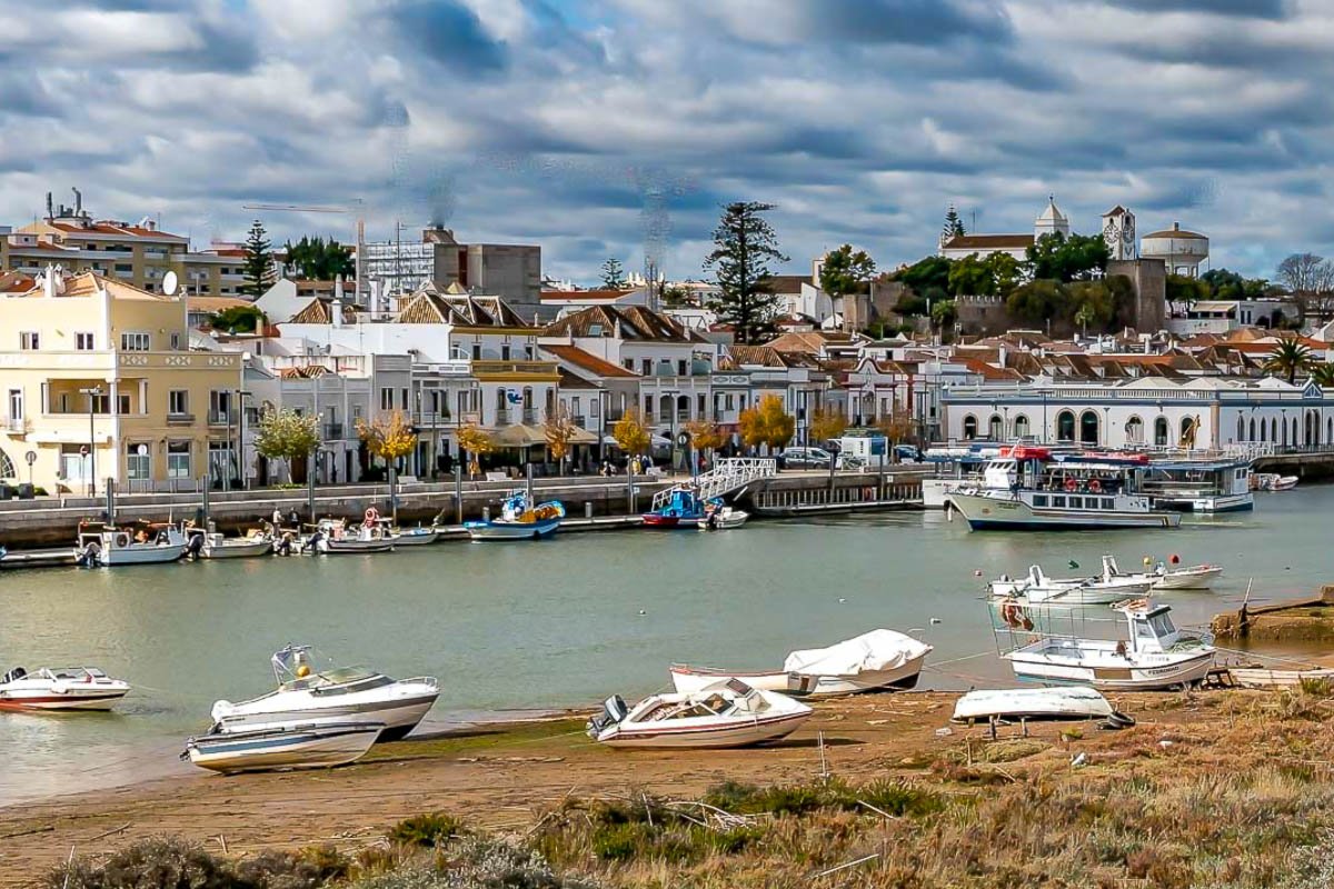 Tavira_4 Riverside harbor view with church tower, Tavira