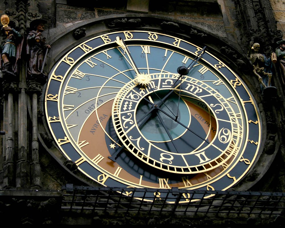clocks_5 The Prague Orloj astronomical clock face, gold and blue concentric rings, intricate detail