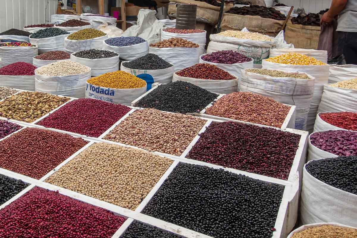 markets_8 Overhead view of market bowls filled with dried legumes, nuts, and grains in rich earth tones