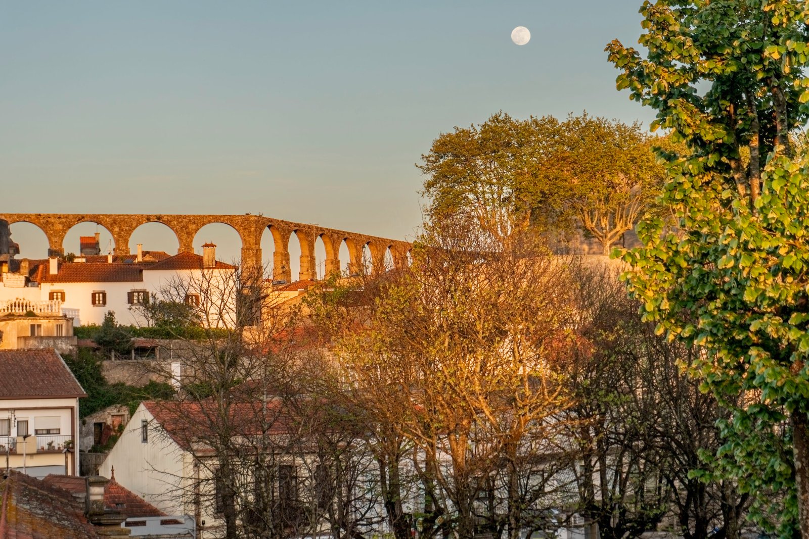 viladoconde2 Santa Clara Aqueduct at golden hour with rising moon, Vila do Conde