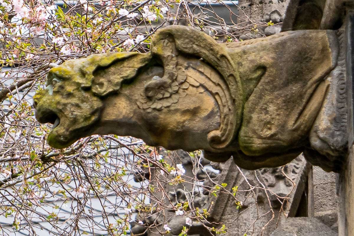 watchers_2 Two moss-covered stone gargoyles lying horizontal on a cathedral ledge, weathered and ancient